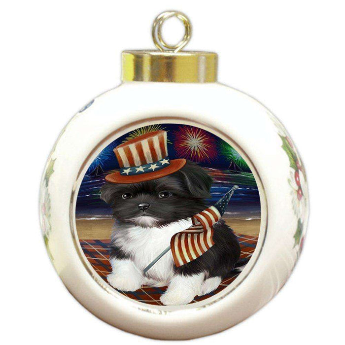 4th of July Independence Day Firework Shih Tzu Dog Round Ball Christmas Ornament RBPOR49015