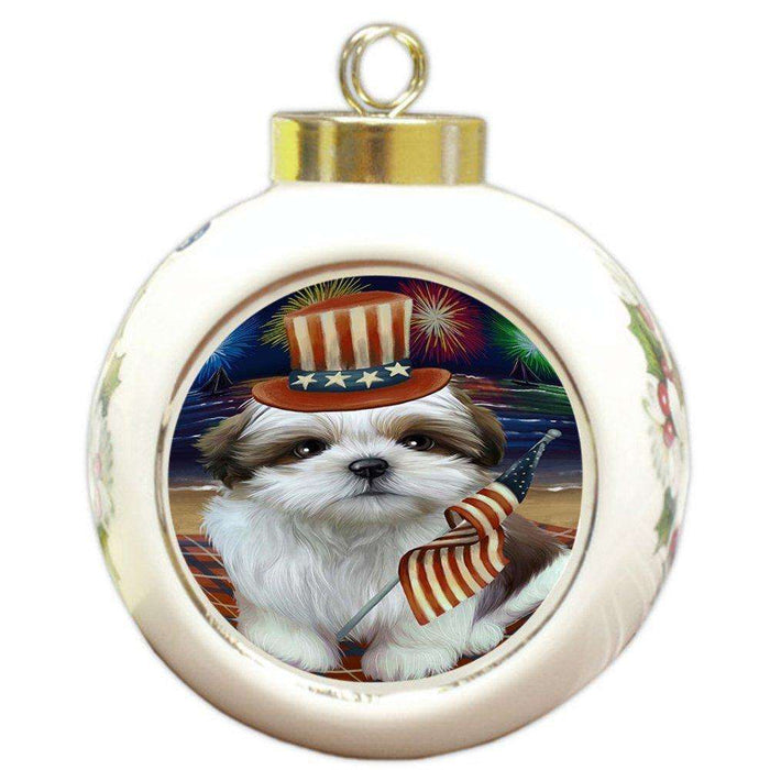 4th of July Independence Day Firework Shih Tzu Dog Round Ball Christmas Ornament RBPOR49016