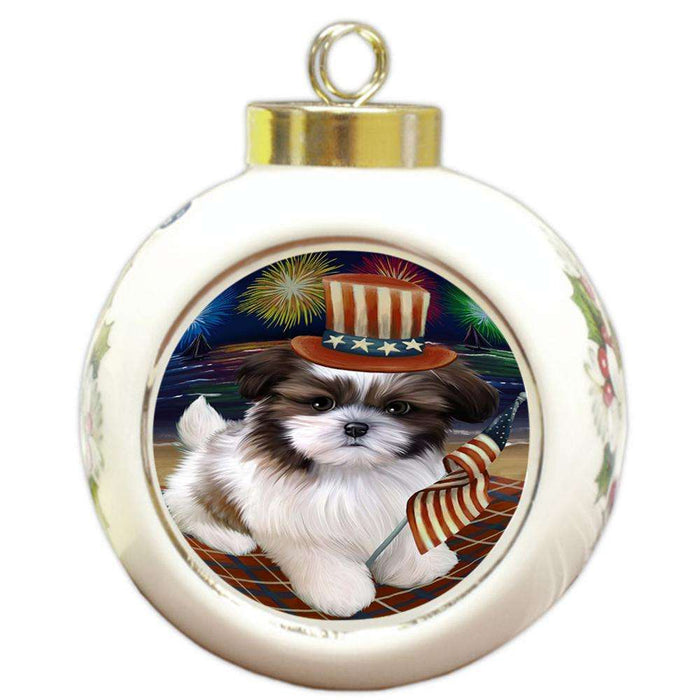 4th of July Independence Day Firework Shih Tzu Dog Round Ball Christmas Ornament RBPOR49017
