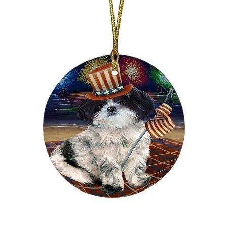 4th of July Independence Day Firework Shih Tzu Dog Round Christmas Ornament RFPOR49004