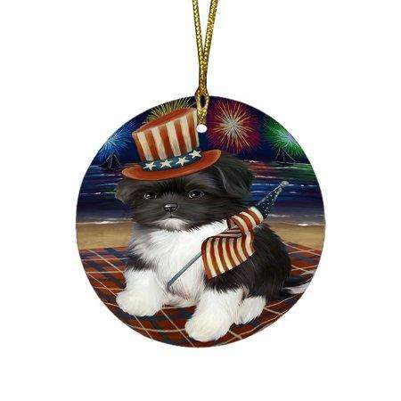 4th of July Independence Day Firework Shih Tzu Dog Round Christmas Ornament RFPOR49006