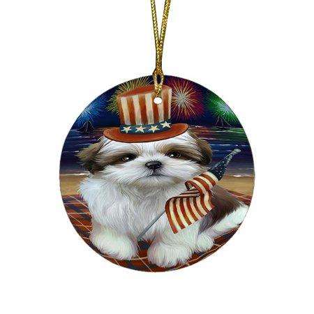 4th of July Independence Day Firework Shih Tzu Dog Round Christmas Ornament RFPOR49007