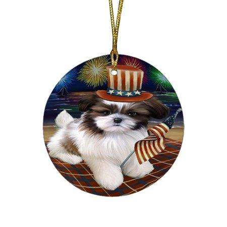 4th of July Independence Day Firework Shih Tzu Dog Round Christmas Ornament RFPOR49008