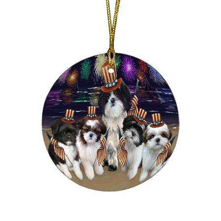 4th of July Independence Day Firework Shih Tzus Dog Round Christmas Ornament RFPOR49005