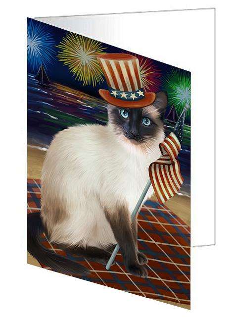 4th of July Independence Day Firework Siamese Cat Handmade Artwork Assorted Pets Greeting Cards and Note Cards with Envelopes for All Occasions and Holiday Seasons GCD61391