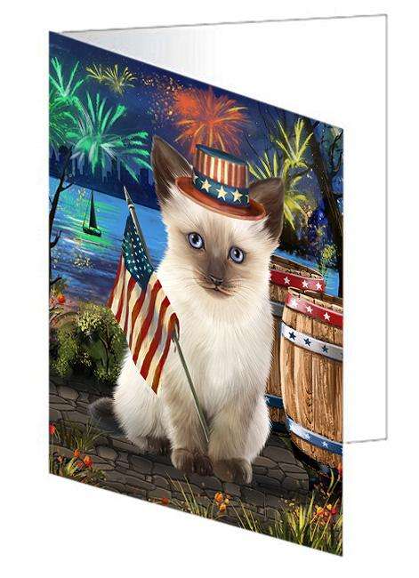 4th of July Independence Day Firework Siamese Cat Handmade Artwork Assorted Pets Greeting Cards and Note Cards with Envelopes for All Occasions and Holiday Seasons GCD66251