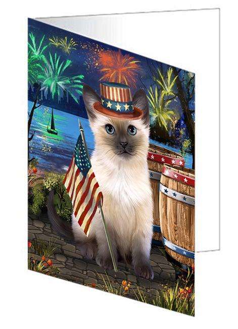 4th of July Independence Day Firework Siamese Cat Handmade Artwork Assorted Pets Greeting Cards and Note Cards with Envelopes for All Occasions and Holiday Seasons GCD66254