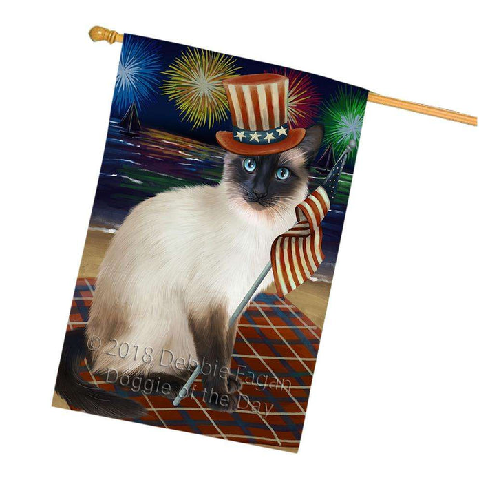 4th of July Independence Day Firework Siamese Cat House Flag FLG52197