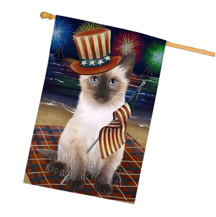 4th of July Independence Day Firework Siamese Cat House Flag FLG52199