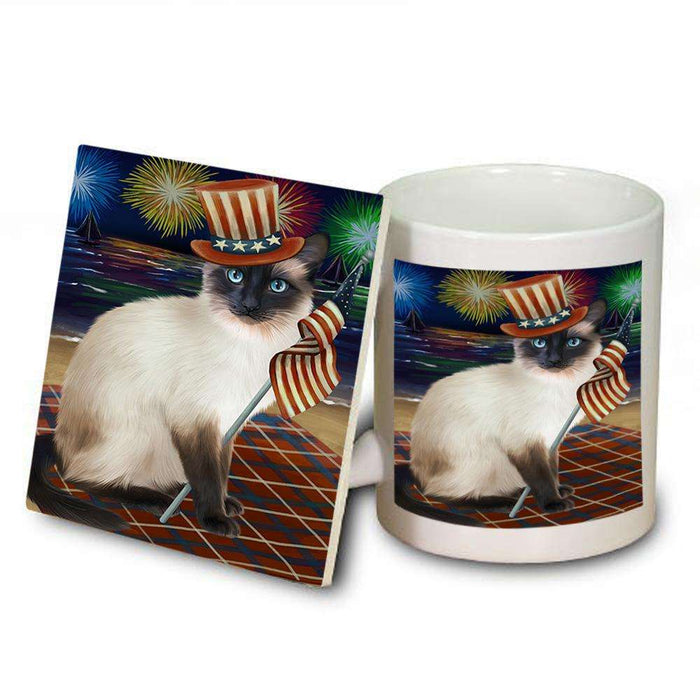 4th of July Independence Day Firework Siamese Cat Mug and Coaster Set MUC52056