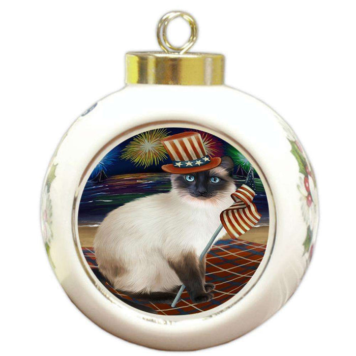 4th of July Independence Day Firework Siamese Cat Round Ball Christmas Ornament RBPOR52064