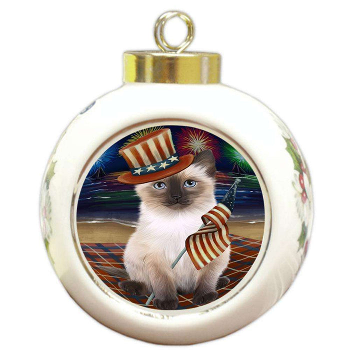 4th of July Independence Day Firework Siamese Cat Round Ball Christmas Ornament RBPOR52066