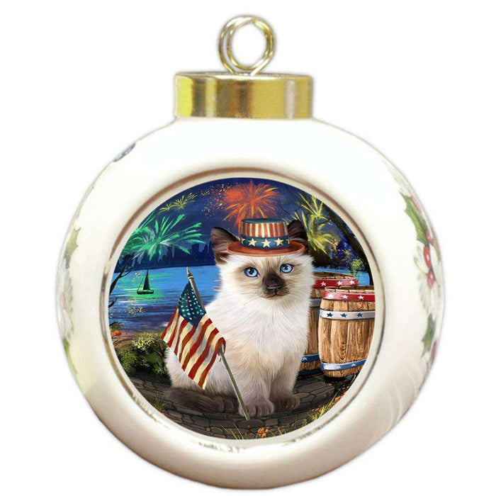 4th of July Independence Day Firework Siamese Cat Round Ball Christmas Ornament RBPOR54072