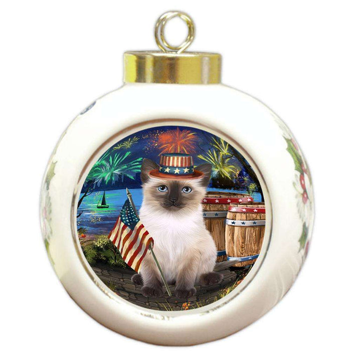4th of July Independence Day Firework Siamese Cat Round Ball Christmas Ornament RBPOR54073