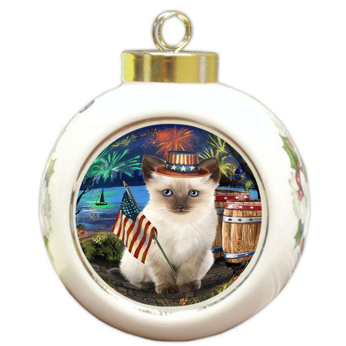4th of July Independence Day Firework Siamese Cat Round Ball Christmas Ornament RBPOR54074