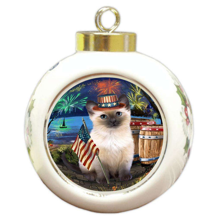 4th of July Independence Day Firework Siamese Cat Round Ball Christmas Ornament RBPOR54075