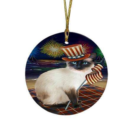 4th of July Independence Day Firework Siamese Cat Round Flat Christmas Ornament RFPOR52055