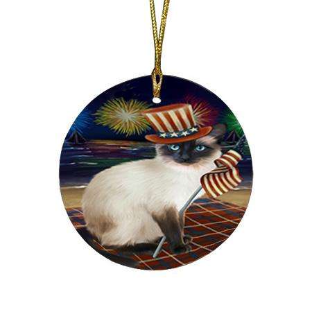 4th of July Independence Day Firework Siamese Cat Round Flat Christmas Ornament RFPOR52445