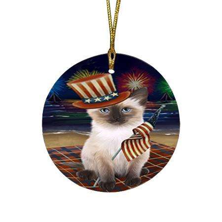 4th of July Independence Day Firework Siamese Cat Round Flat Christmas Ornament RFPOR52447