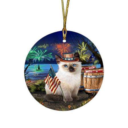 4th of July Independence Day Firework Siamese Cat Round Flat Christmas Ornament RFPOR54063