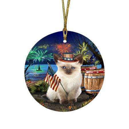 4th of July Independence Day Firework Siamese Cat Round Flat Christmas Ornament RFPOR54065