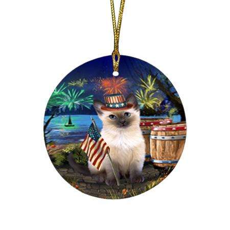 4th of July Independence Day Firework Siamese Cat Round Flat Christmas Ornament RFPOR54066