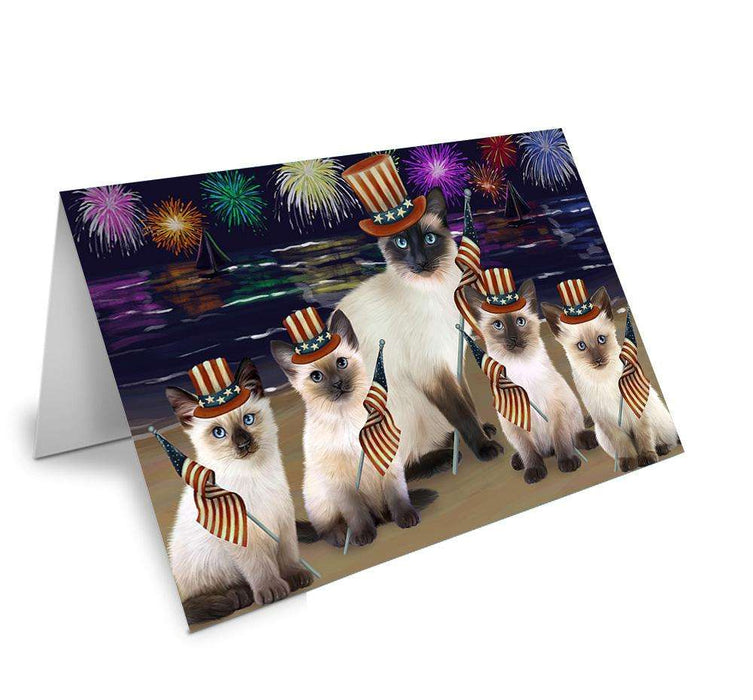 4th of July Independence Day Firework Siamese Cats Handmade Artwork Assorted Pets Greeting Cards and Note Cards with Envelopes for All Occasions and Holiday Seasons GCD61394