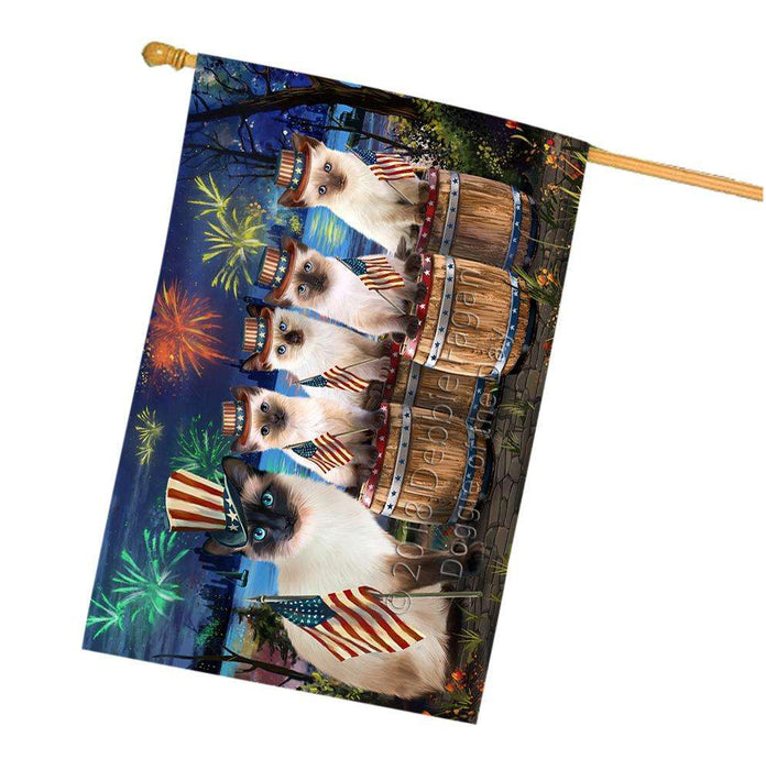 4th of July Independence Day Firework Siamese Cats House Flag FLG54313