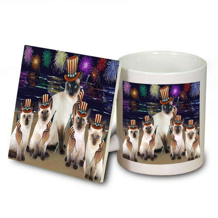 4th of July Independence Day Firework Siamese Cats Mug and Coaster Set MUC52057