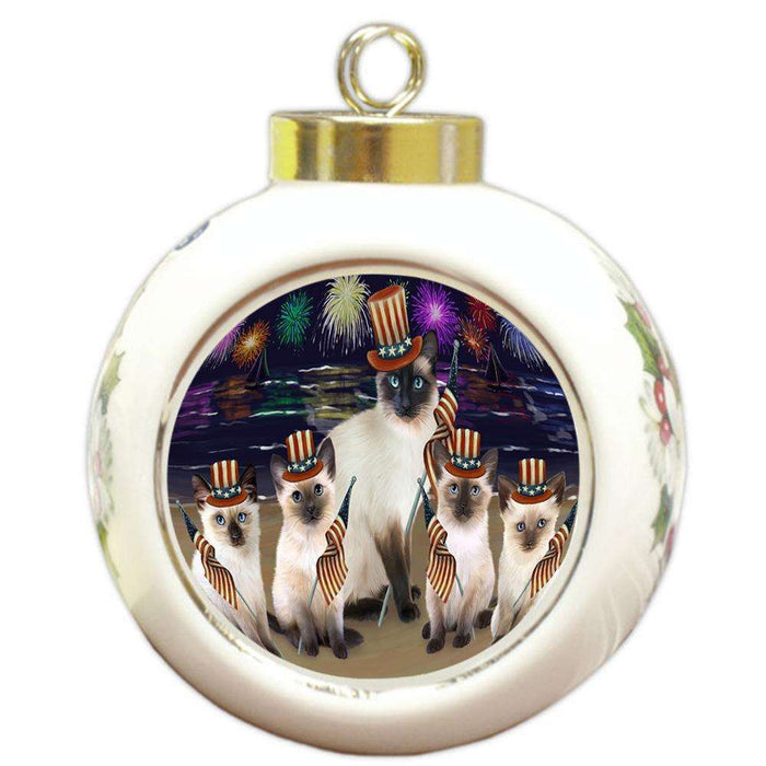 4th of July Independence Day Firework Siamese Cats Round Ball Christmas Ornament RBPOR52065