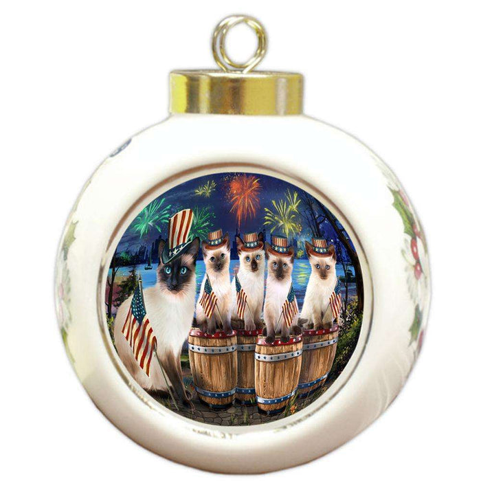 4th of July Independence Day Firework Siamese Cats Round Ball Christmas Ornament RBPOR54115