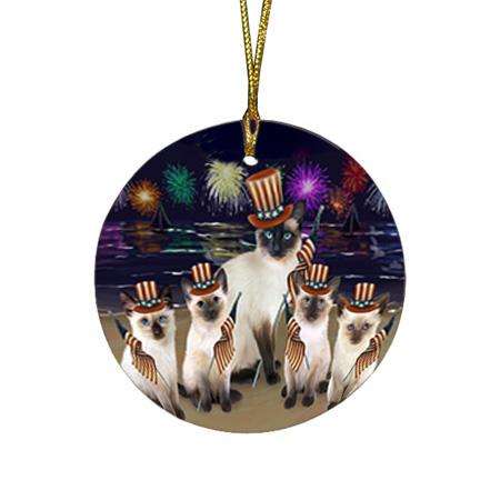 4th of July Independence Day Firework Siamese Cats Round Flat Christmas Ornament RFPOR52056