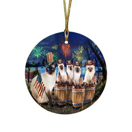 4th of July Independence Day Firework Siamese Cats Round Flat Christmas Ornament RFPOR54106