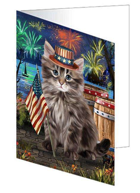 4th of July Independence Day Firework Siberian Cat Handmade Artwork Assorted Pets Greeting Cards and Note Cards with Envelopes for All Occasions and Holiday Seasons GCD66260