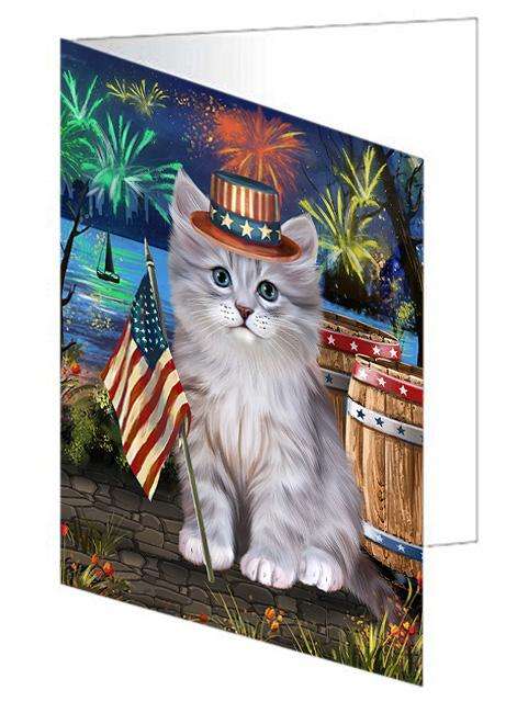 4th of July Independence Day Firework Siberian Cat Handmade Artwork Assorted Pets Greeting Cards and Note Cards with Envelopes for All Occasions and Holiday Seasons GCD66266