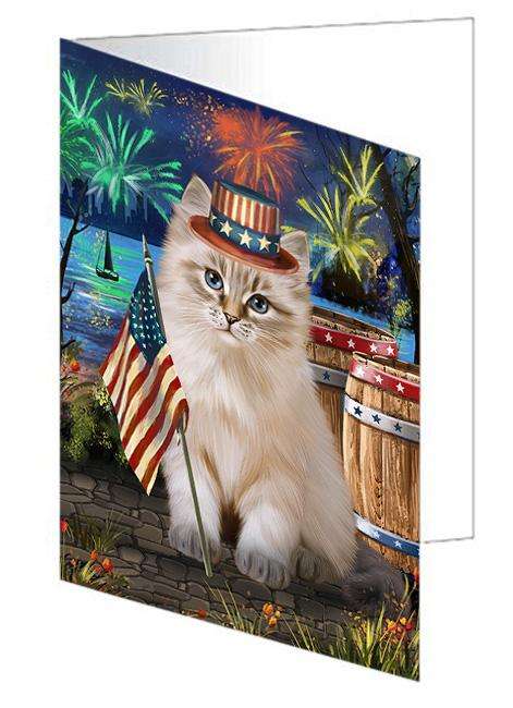 4th of July Independence Day Firework Siberian Cat Handmade Artwork Assorted Pets Greeting Cards and Note Cards with Envelopes for All Occasions and Holiday Seasons GCD66269