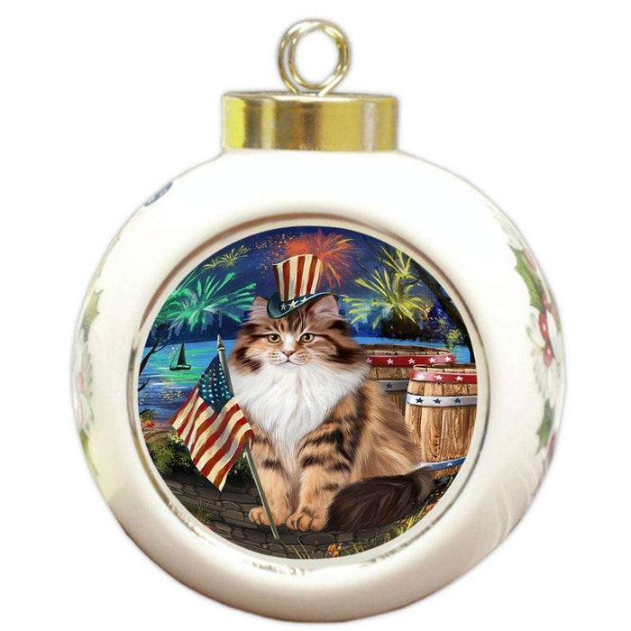 4th of July Independence Day Firework Siberian Cat Round Ball Christmas Ornament RBPOR54076