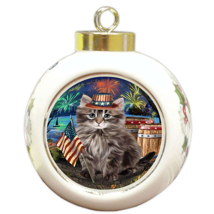 4th of July Independence Day Firework Siberian Cat Round Ball Christmas Ornament RBPOR54077