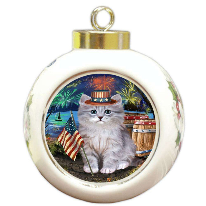 4th of July Independence Day Firework Siberian Cat Round Ball Christmas Ornament RBPOR54079
