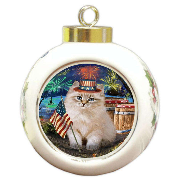 4th of July Independence Day Firework Siberian Cat Round Ball Christmas Ornament RBPOR54080