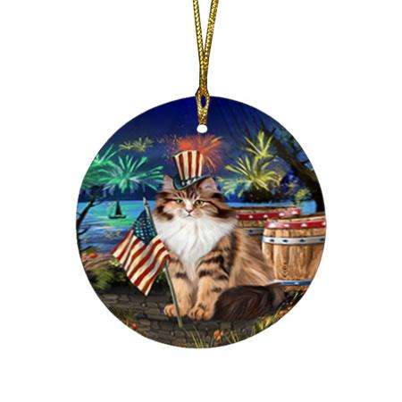 4th of July Independence Day Firework Siberian Cat Round Flat Christmas Ornament RFPOR54067