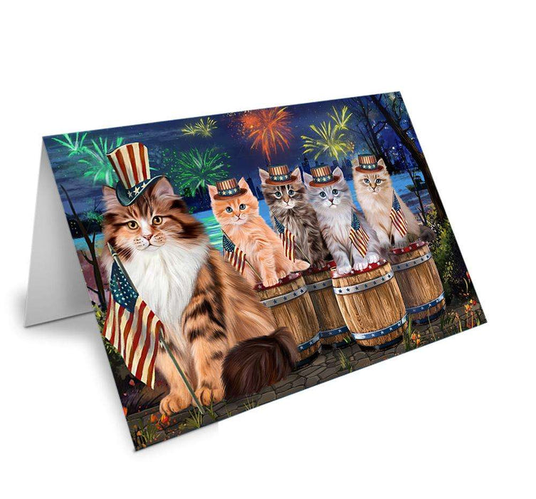 4th of July Independence Day Firework Siberian Cats Handmade Artwork Assorted Pets Greeting Cards and Note Cards with Envelopes for All Occasions and Holiday Seasons GCD66377