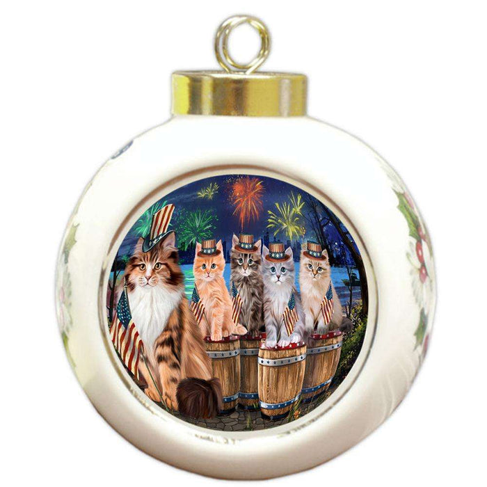 4th of July Independence Day Firework Siberian Cats Round Ball Christmas Ornament RBPOR54116