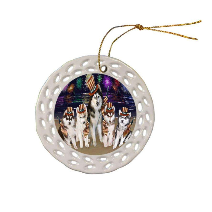 4th of July Independence Day Firework Siberian Huskies Dog Ceramic Doily Ornament DPOR49019