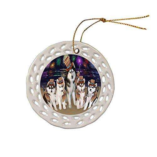 4th of July Independence Day Firework Siberian Huskies Dog Ceramic Doily Ornament DPOR49019