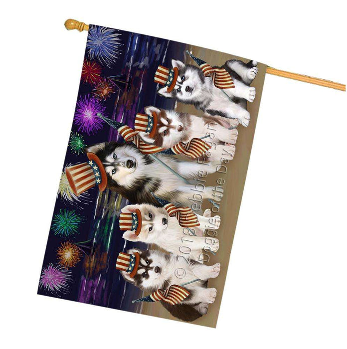 4th of July Independence Day Firework Siberian Huskies Dog House Flag FLG48984