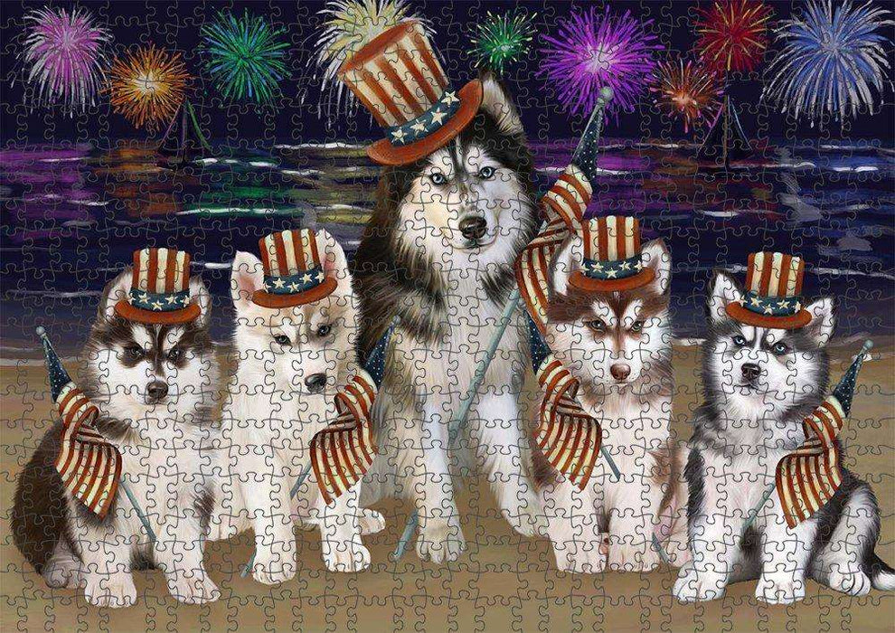 4th of July Independence Day Firework Siberian Huskies Dog Puzzle with Photo Tin PUZL51240