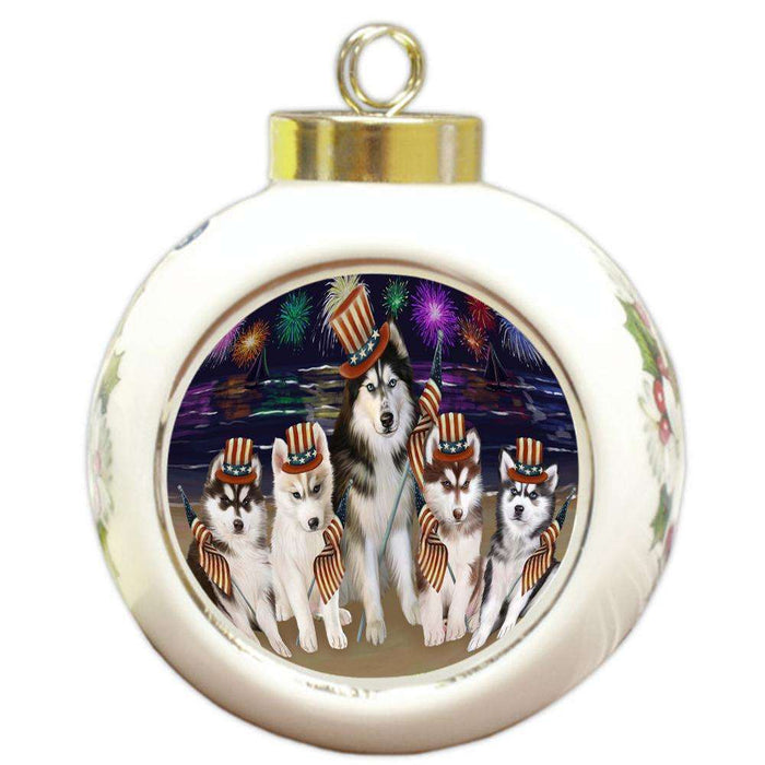 4th of July Independence Day Firework Siberian Huskies Dog Round Ball Christmas Ornament RBPOR49019