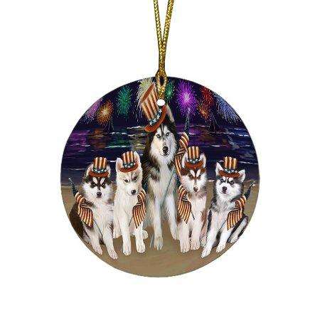 4th of July Independence Day Firework Siberian Huskies Dog Round Christmas Ornament RFPOR49010