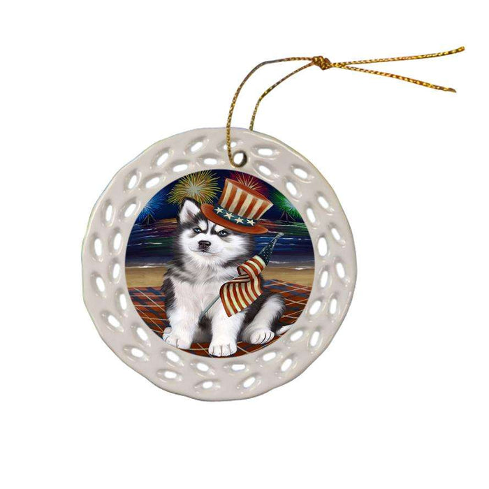 4th of July Independence Day Firework Siberian Husky Dog Ceramic Doily Ornament DPOR49020